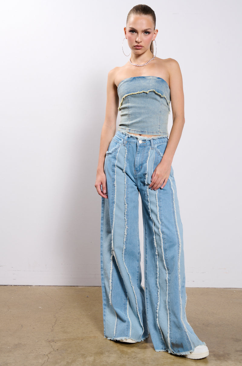 DONT NEED TO SLEEP DISTRESSED WIDE LEG DENIM PANT