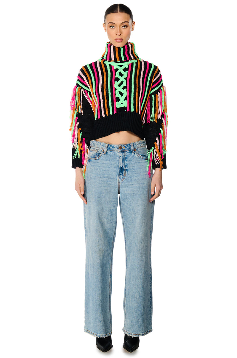 CHECK IT OUT LONG SLEEVE VIBRANT FRINGE DETAIL SWEATER