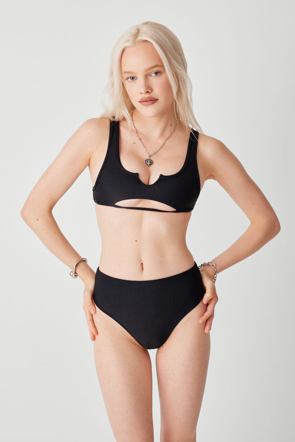 Jenna Ribbed High Waist Bikini Bottom - Black