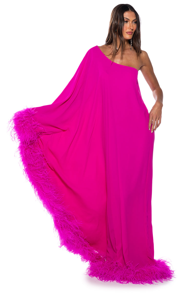 ELIZA ONE SHOULDER FEATHER MAXI