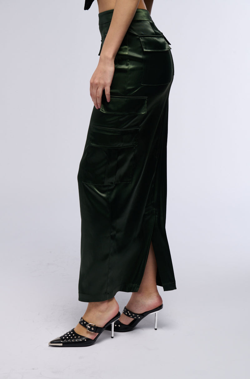 ALL IN SATIN CARGO POCKET MAXI SKIRT