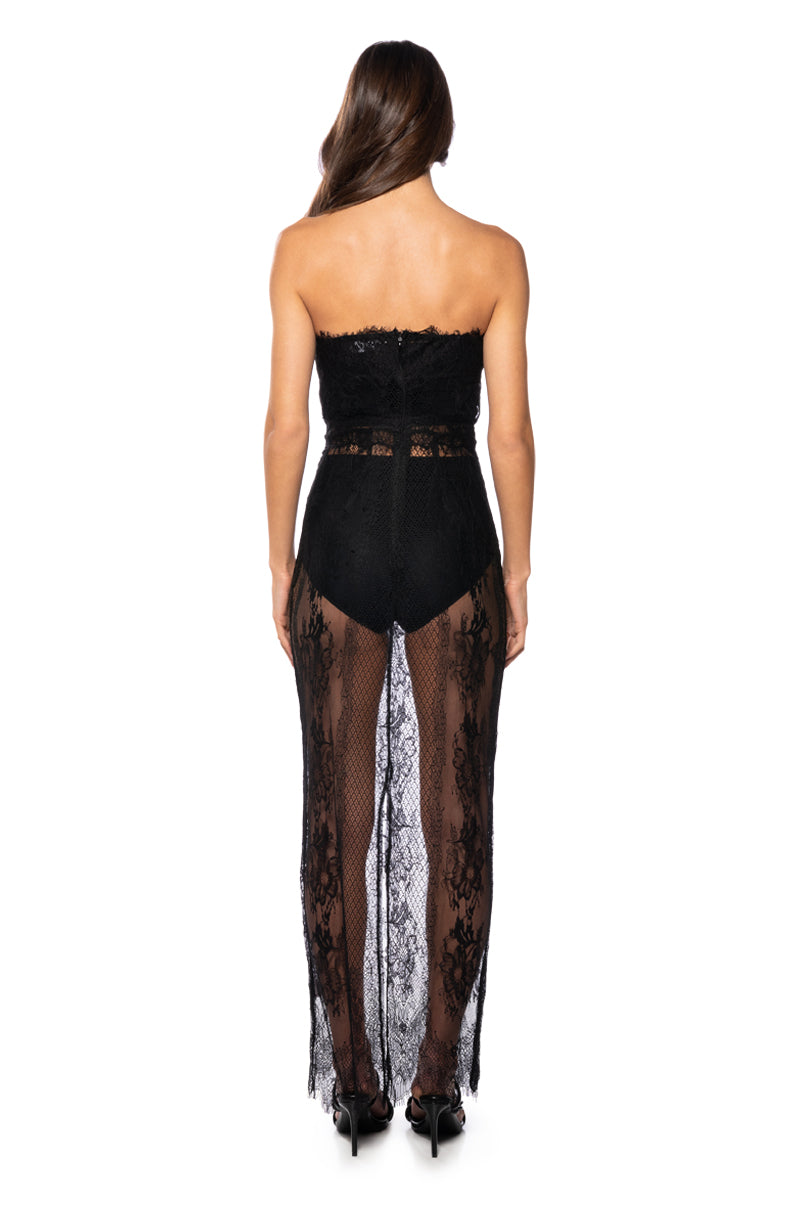 MIDNIGHT ILLUSIONS STRAPLESS LACE MAXI DRESS