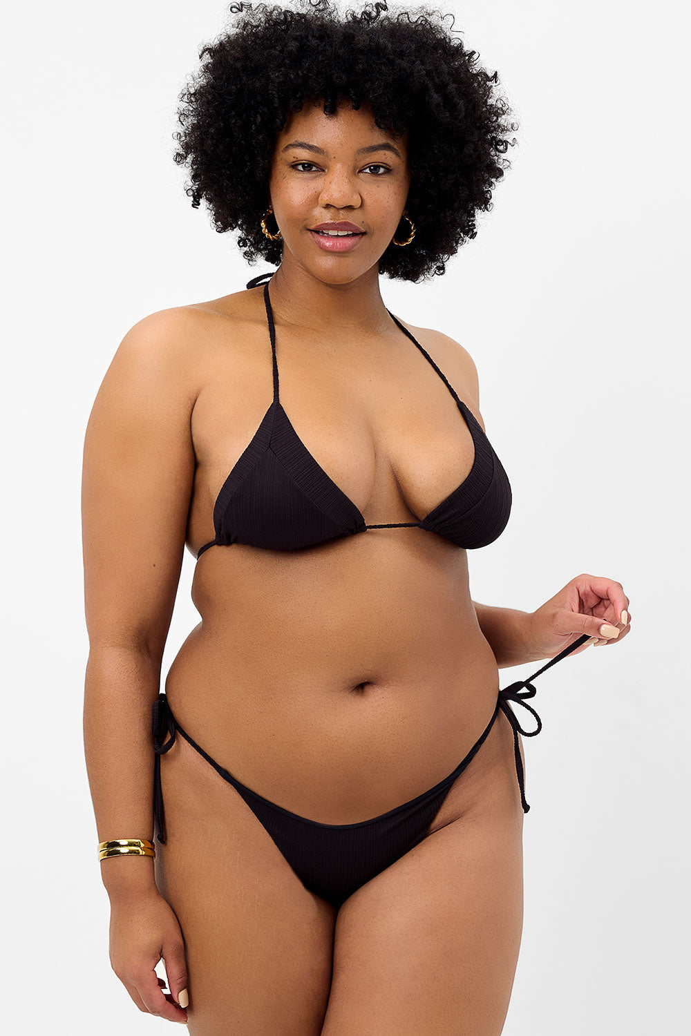 Sky Plissé String Bikini Bottom - Black