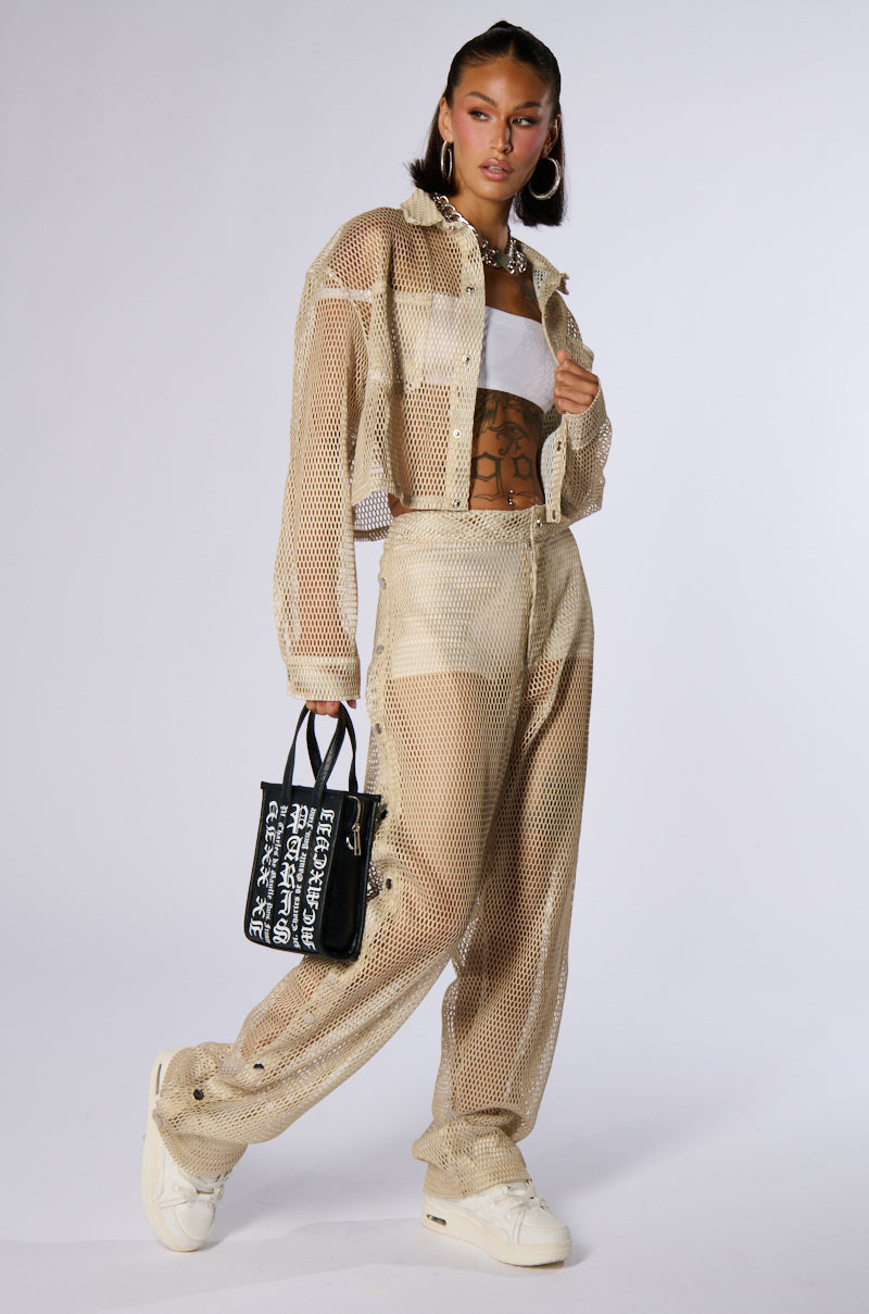 ALL THAT MESH WIDE LEG SNAP PANTS IN BEIGE