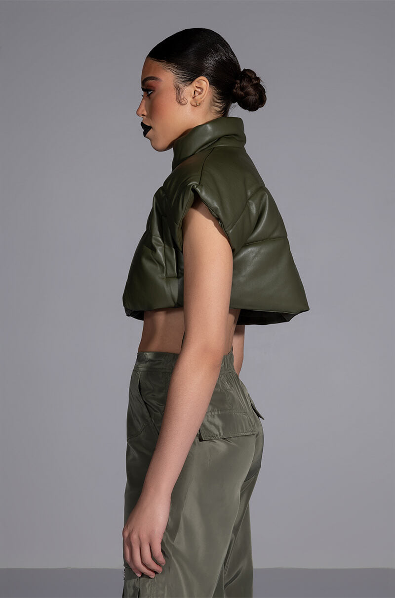 ULTRA CROP PU VEST WITH PULL STRINGS IN OLIVE