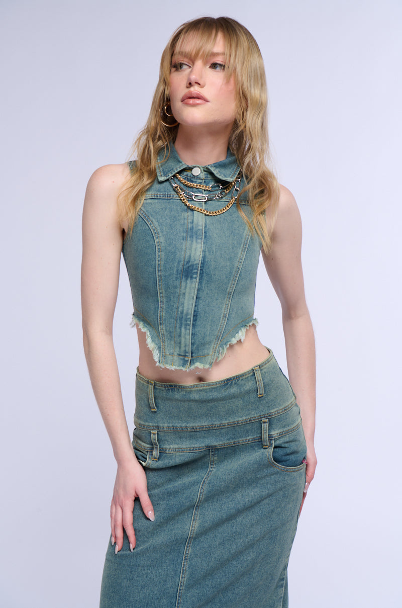 STERLING SLEEVELESS DENIM COLLARED TOP