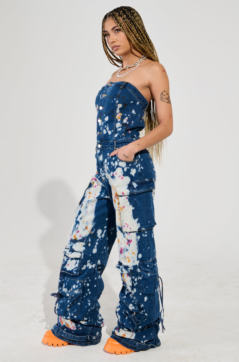 LAURYN STRAPLESS CARGO SPLATTERED DENIM JUMPSUIT