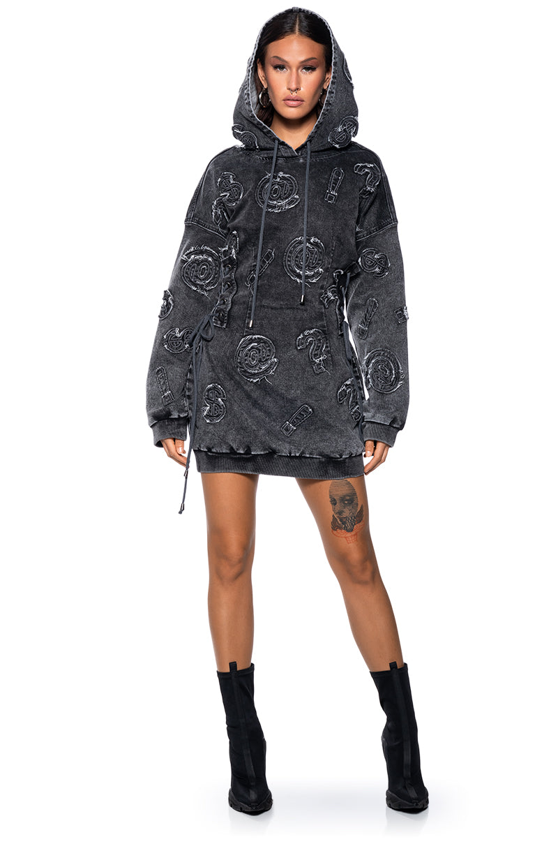 SO MANY QUESTIONS FRAYED DENIM HOODIE MINI DRESS