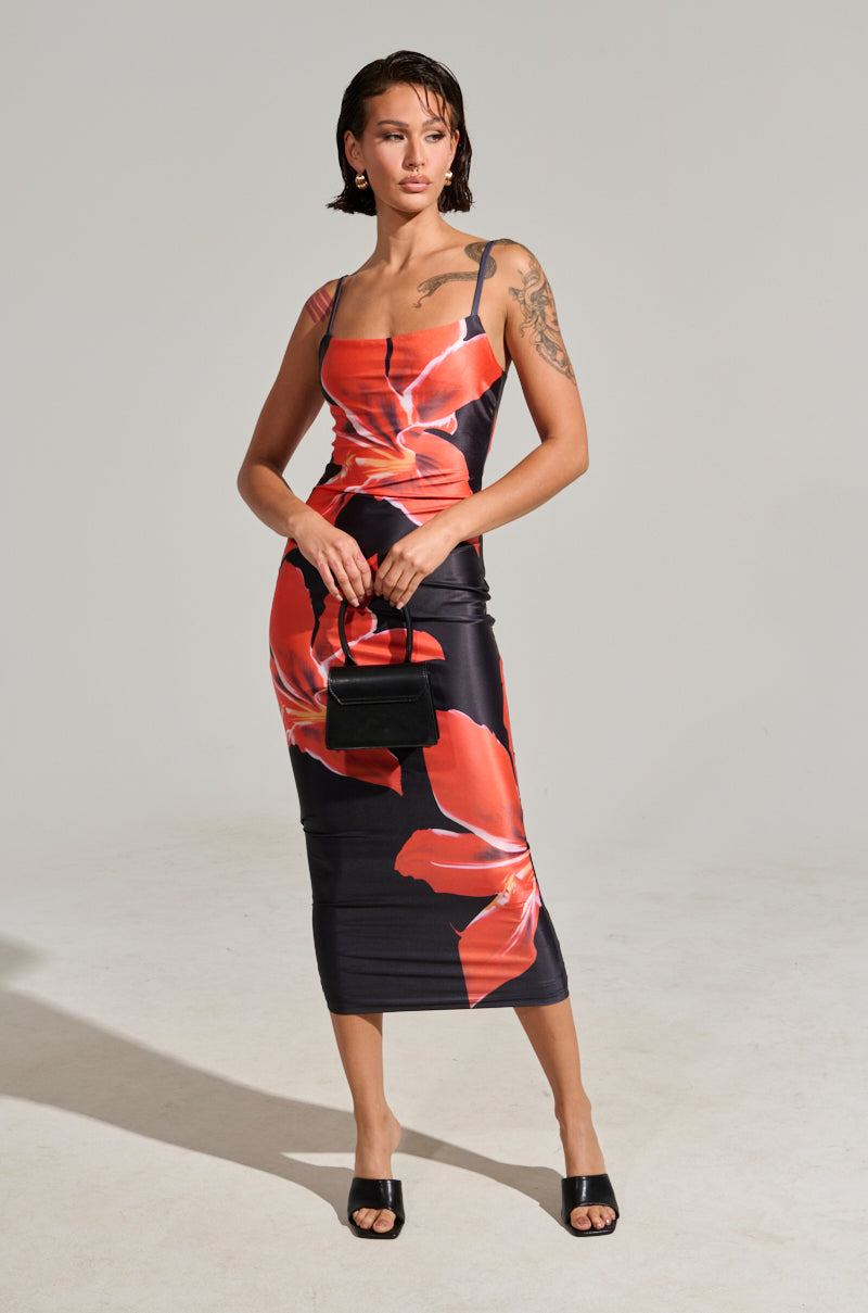 SUMMER LOVIN FLORAL SATIN MIDI DRESS