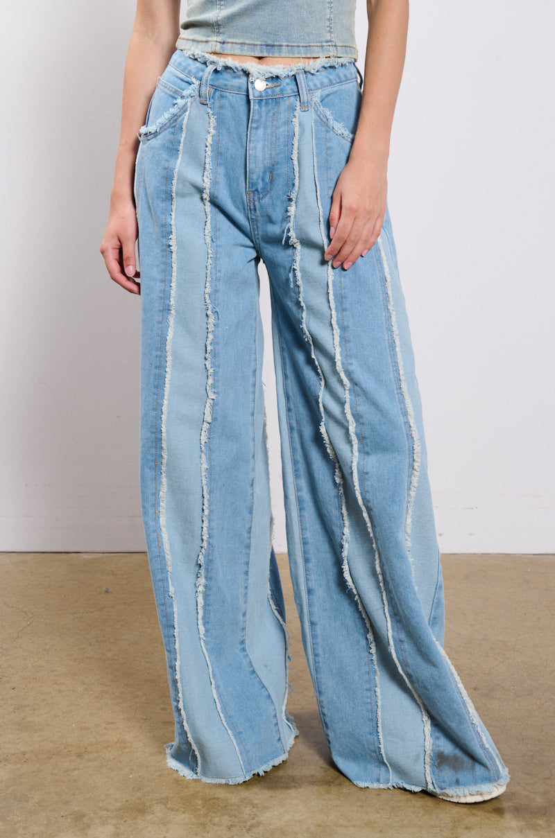 DONT NEED TO SLEEP DISTRESSED WIDE LEG DENIM PANT