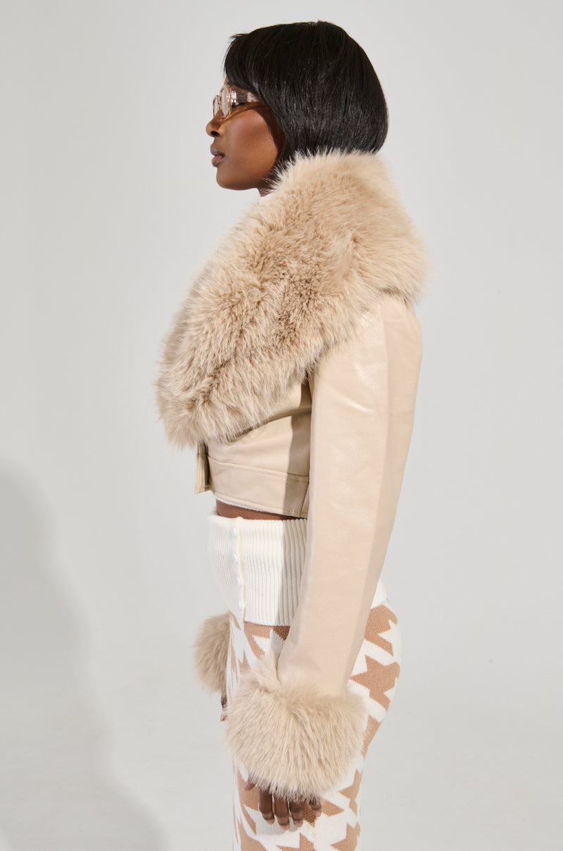 GISELE CROP FAUX FUR MOTO JACKET IN IVORY