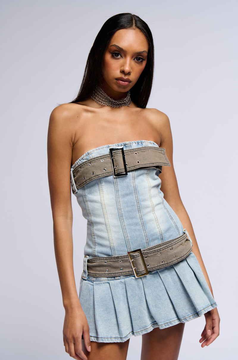 COOL GIRL CLUB BELTED DENIM MINI DRESS