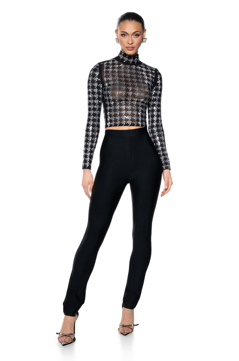 HOUNDSTOOTH GLAMOUR MOCK NECK LONG SLEEVE MESH TEE