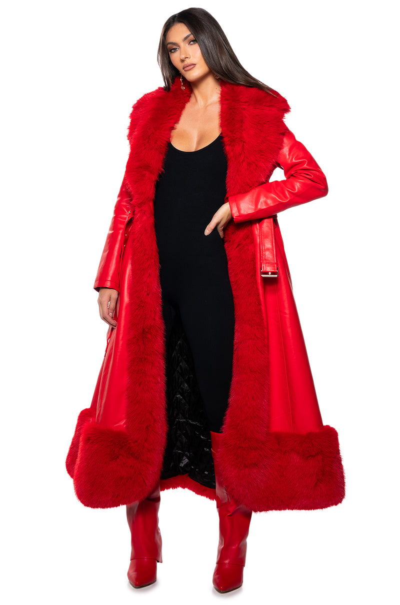 VIVAN LONG PU TRENCH WITH FAUX FUR TRIM