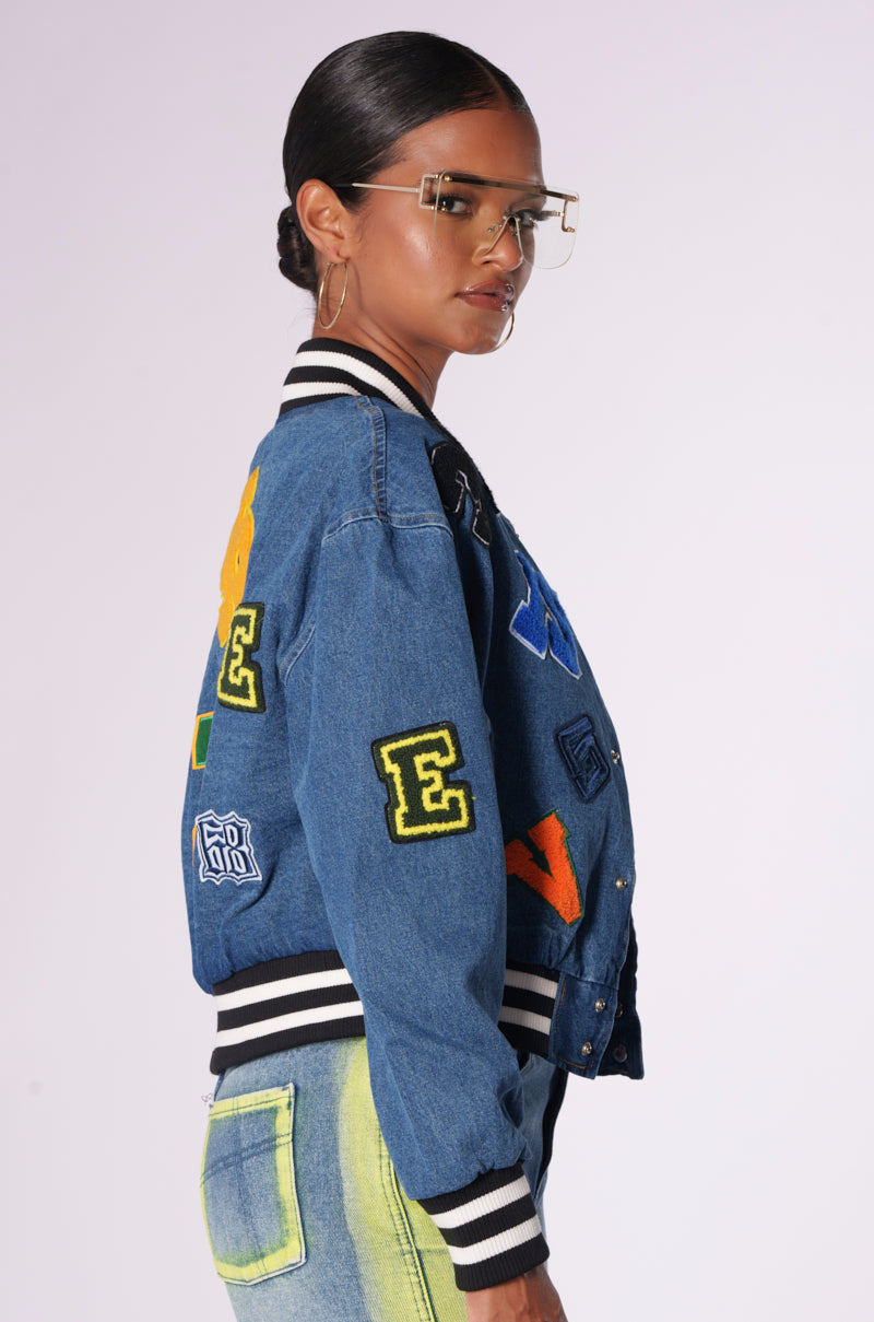 LATTICE PATCH DENIM BOMBER