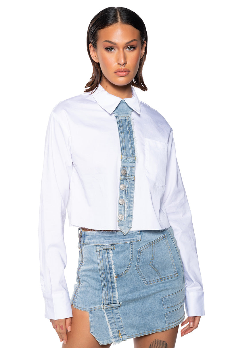 DENIM DAY TIE DETAIL BUTTON DOWN BLOUSE