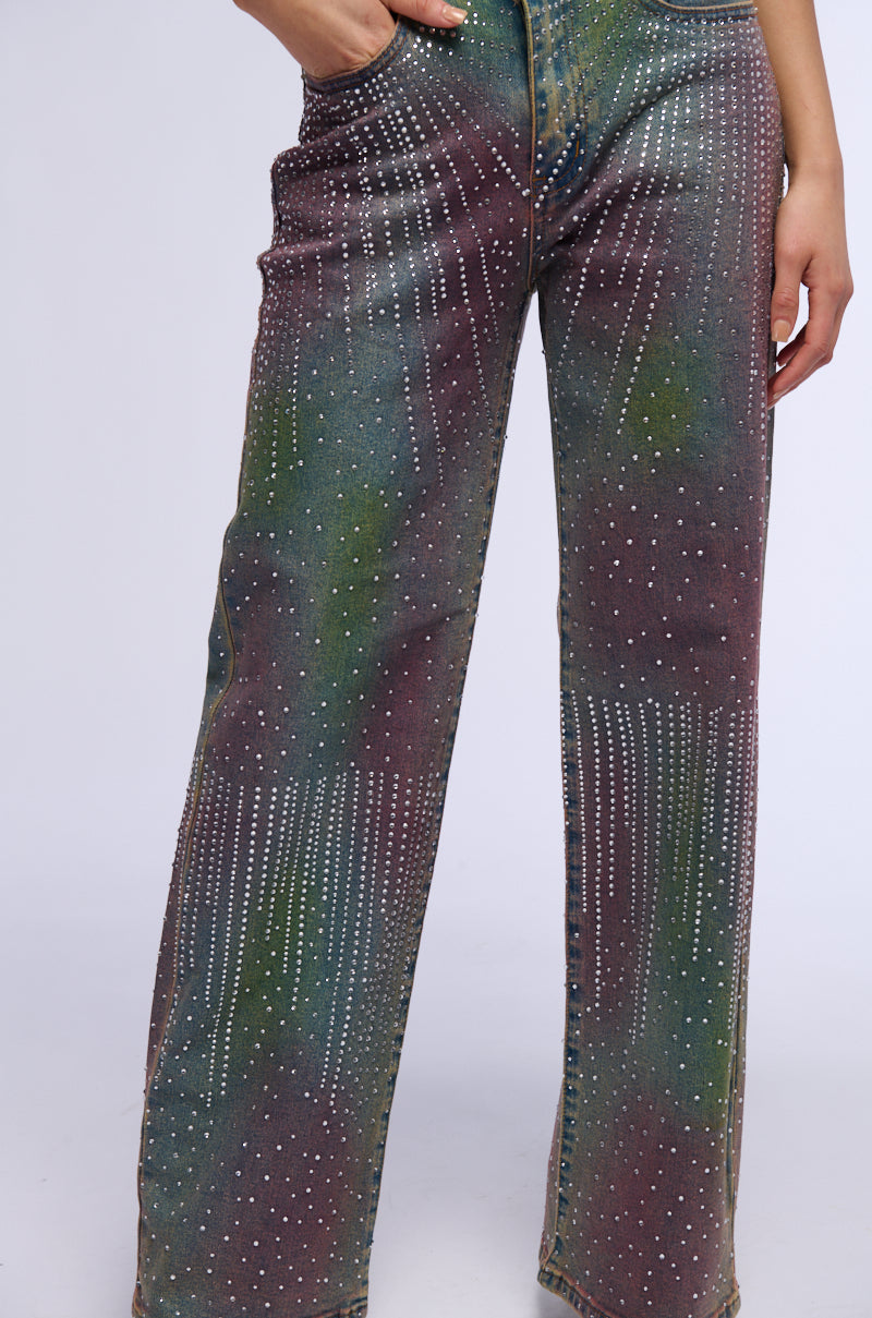 GALAXY GIRL RHINESTONE WIDE LEG DENIM JEANS