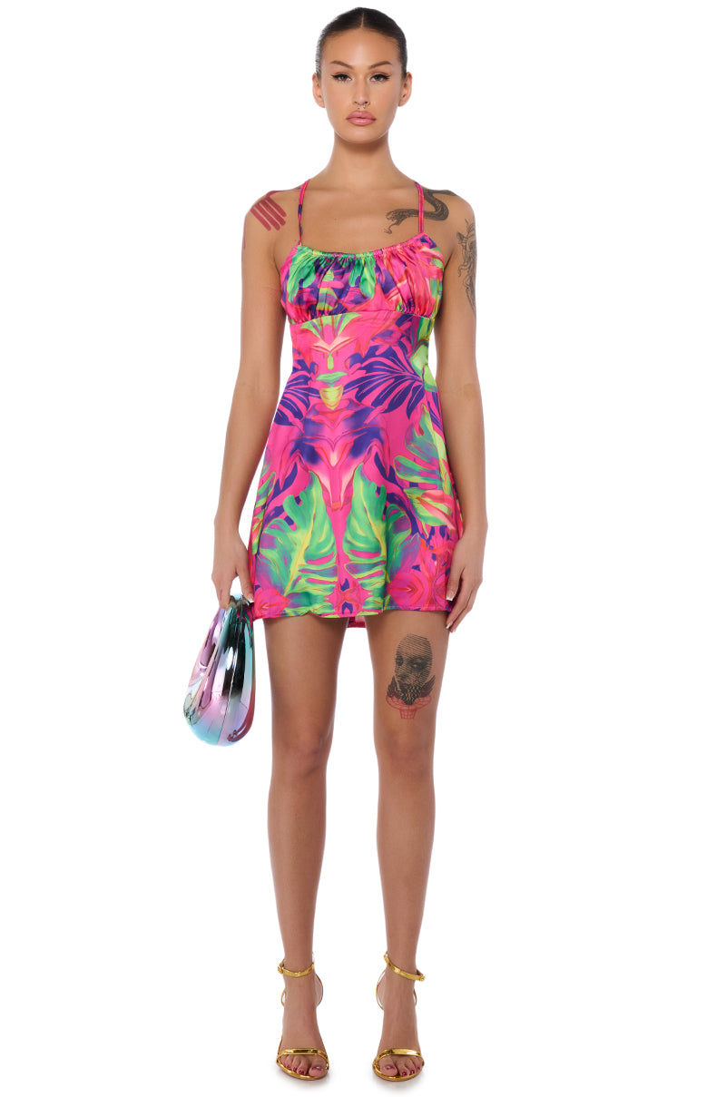 ON HOLIDAY SATIN PRINTED MINI DRESS