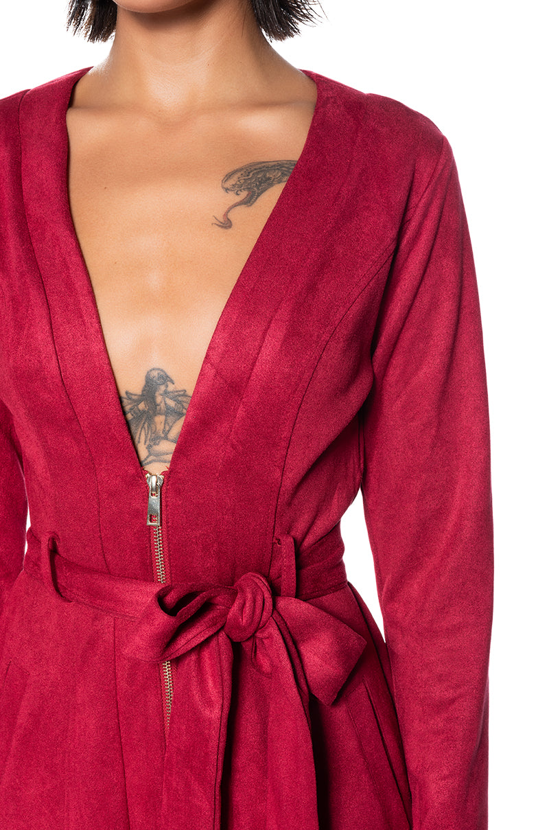 COVET FAUX SUEDE TRENCH MINI DRESS IN RED