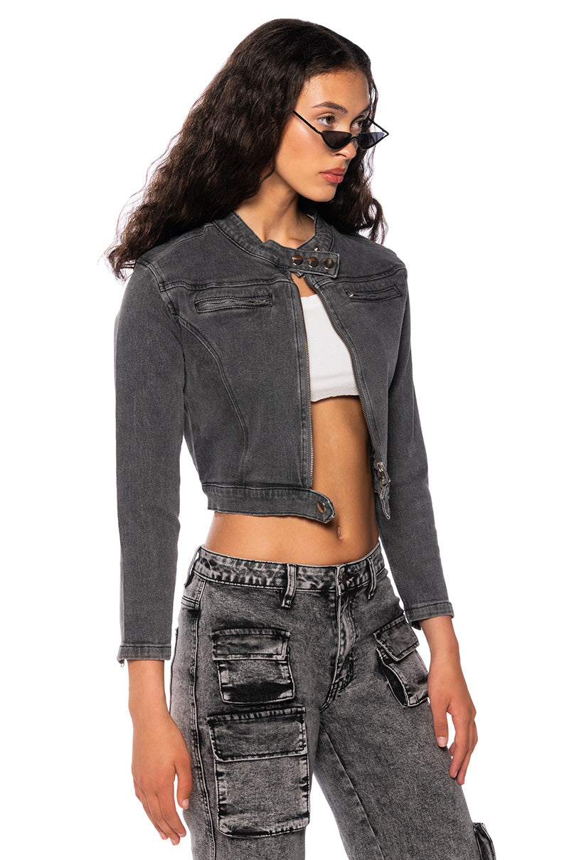 ON THE GO WASHED GREY DENIM MOTO JACKET