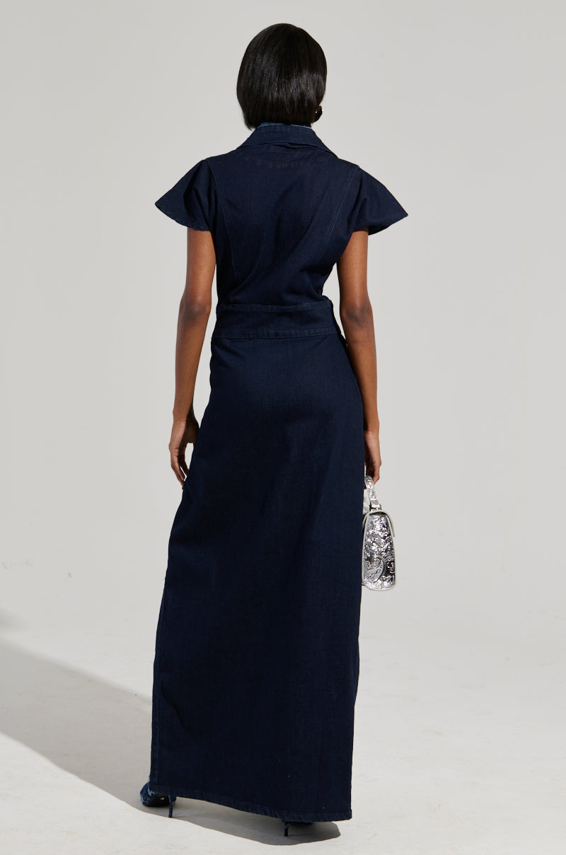 CHELSEA BUTTON SIDE DENIM MAXI DRESS