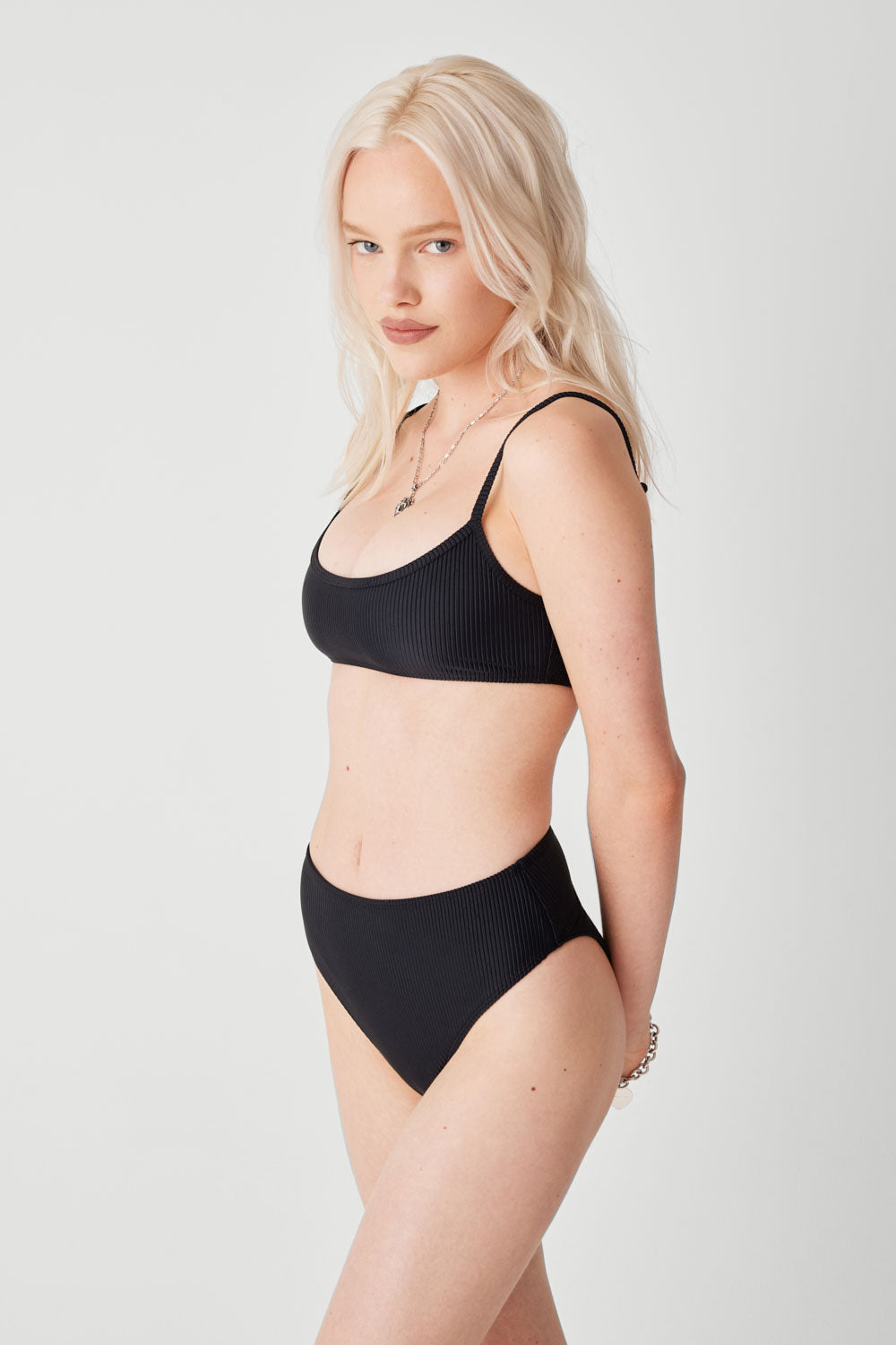 Jenna Ribbed High Waist Bikini Bottom - Black