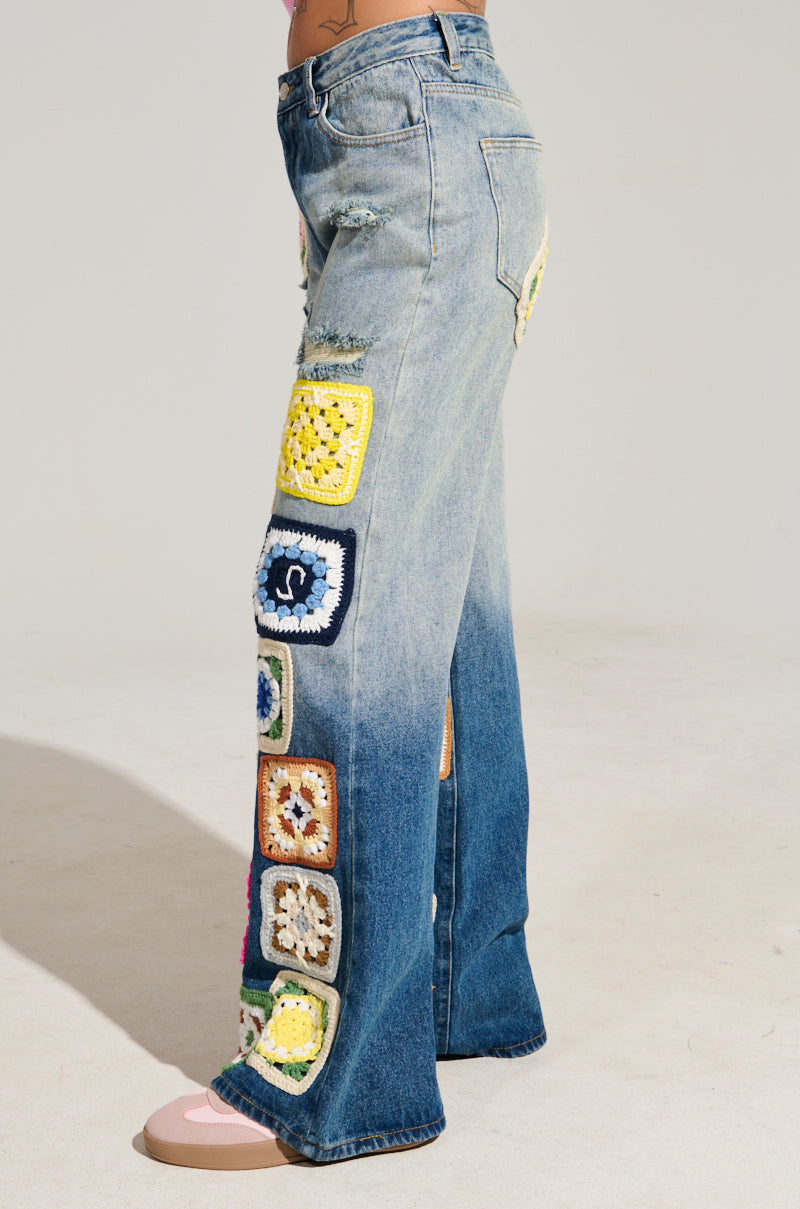 PEACE & LOVE CROCHET EMBROIDERED MID RISE DENIM