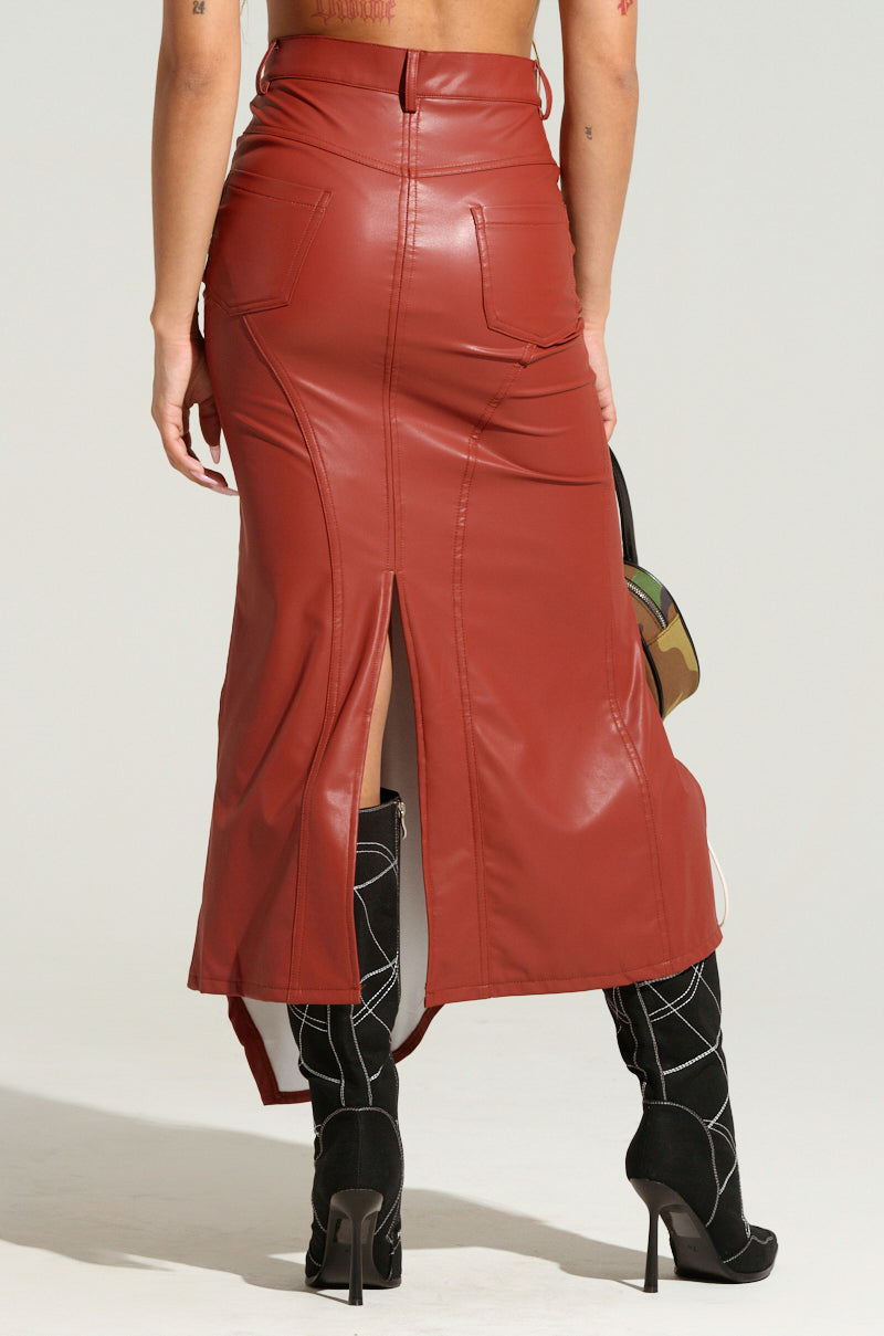 BITE ME ASYMMETRICAL FAUX LEATHER MIDI SKIRT IN BROWN