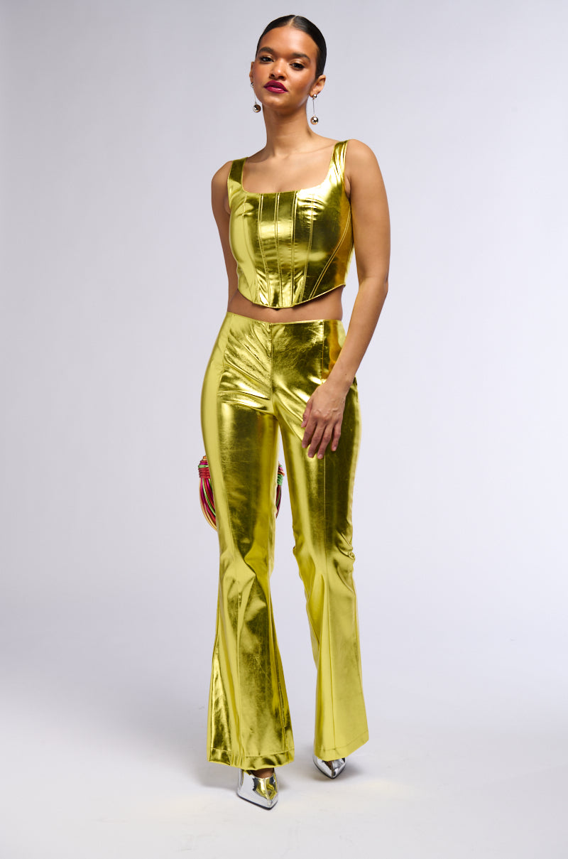 NEED YOU TONIGHT METALLIC FAUX LEATHER FLARED PANT