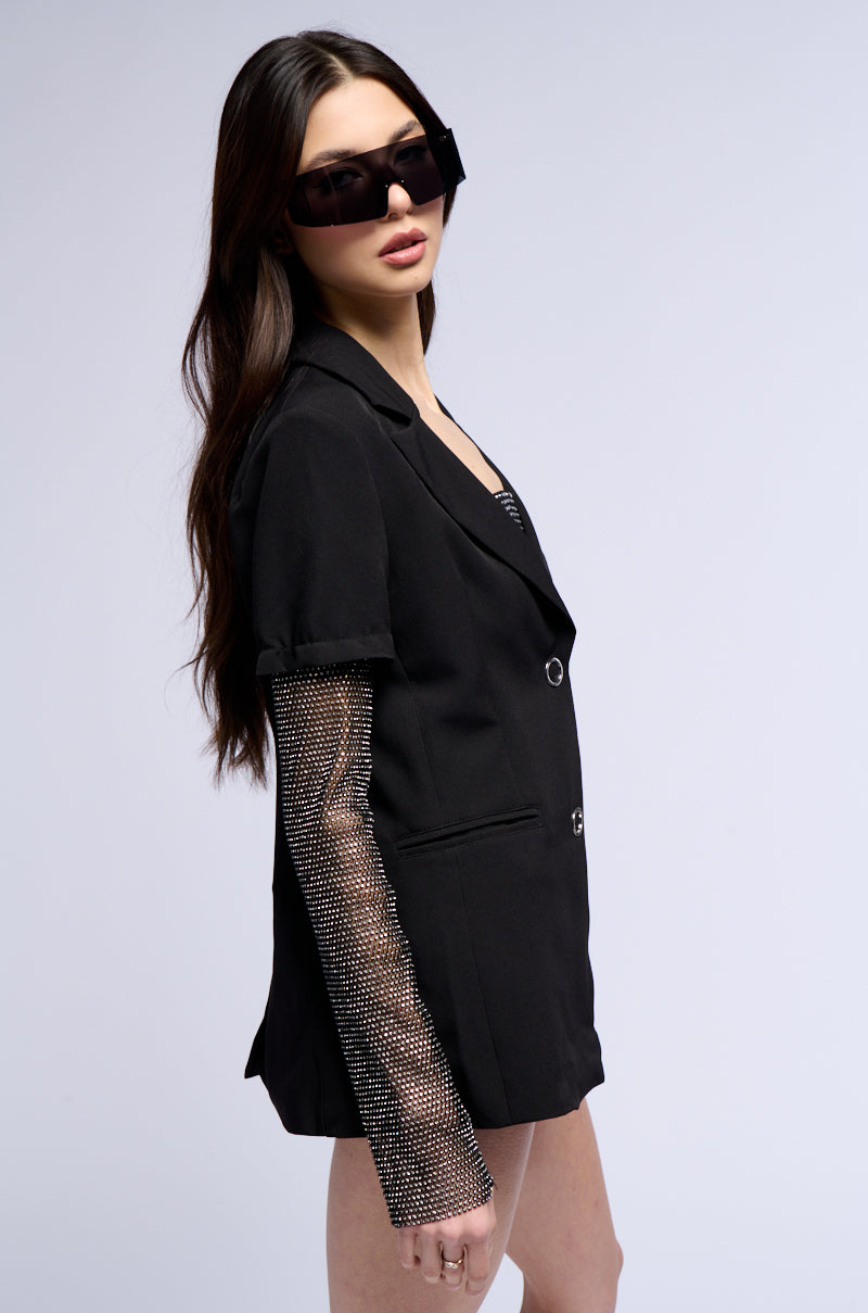 BONJOUR RHINESTONE SLEEVE BLAZER IN BLACK