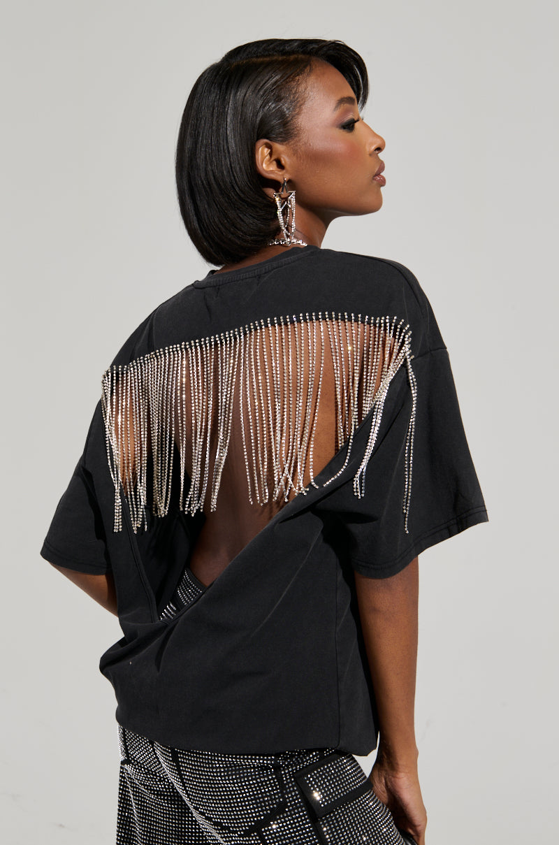 SMOKE & MIRRORS RHINESTONE FRINGE MINERAL WASH T-SHIRT