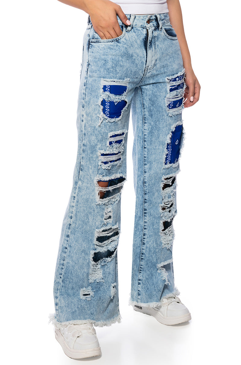 YOUR NEW FAVORITE DISTRESSED PATCHWORK FLARED JEANS