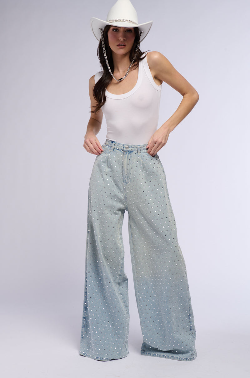 DAZZLED RHINESTONE STUDDED EXTRA LONG DENIM PANTS