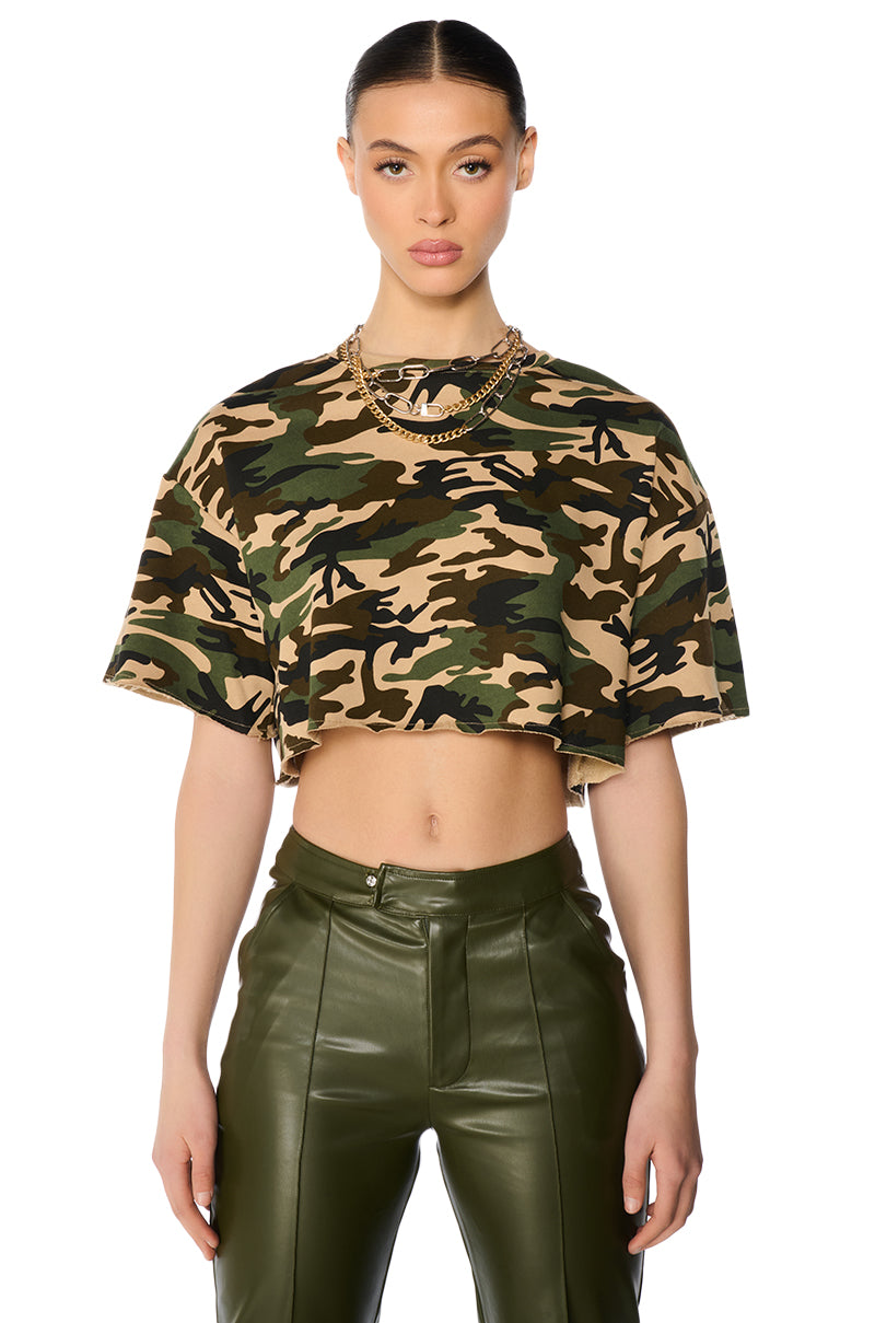 LIFT ME UP SHORT SLEEVE CAMO CROPPED SHIRT