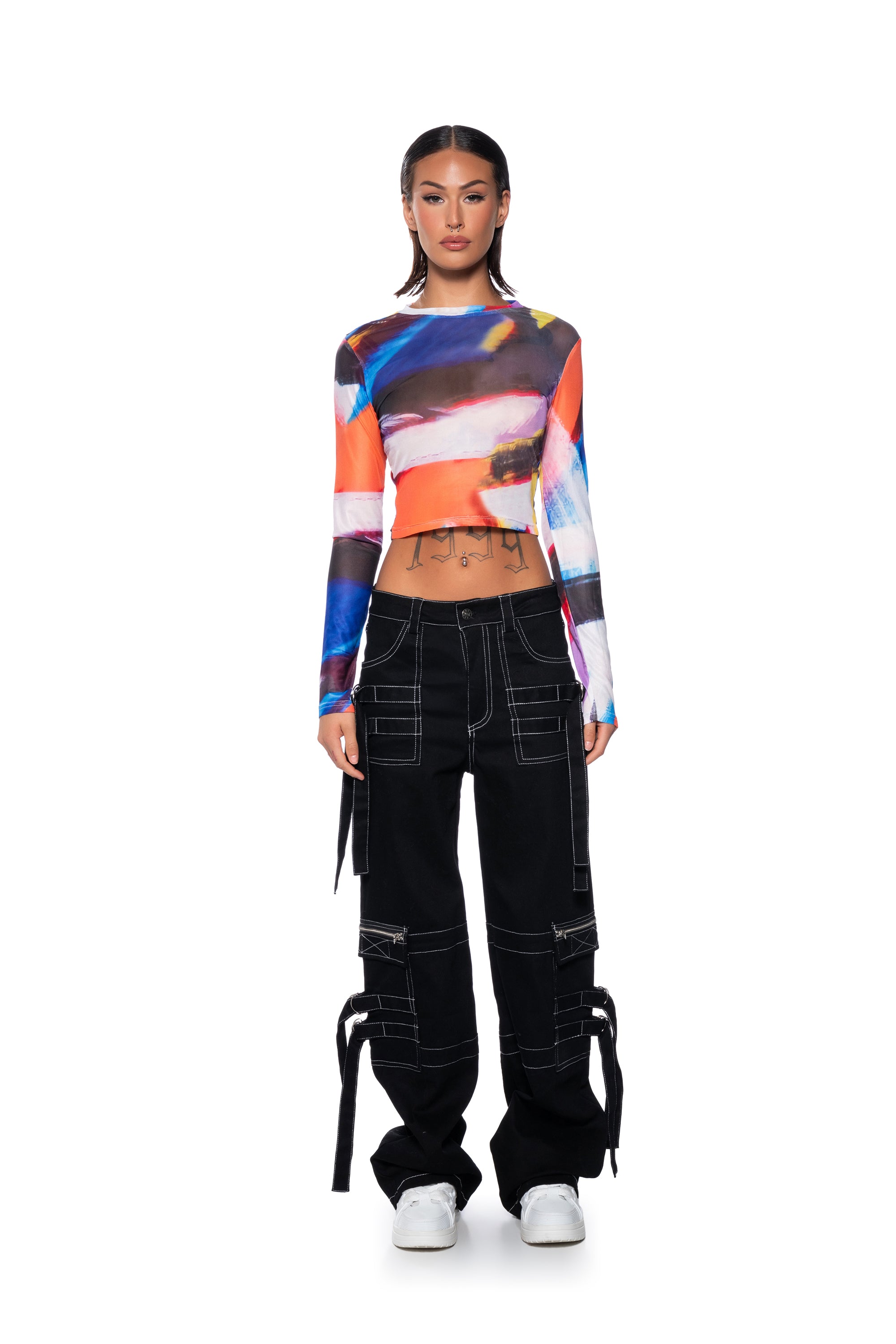 ABSTRACT ART LONG SLEEVE MESH TOP