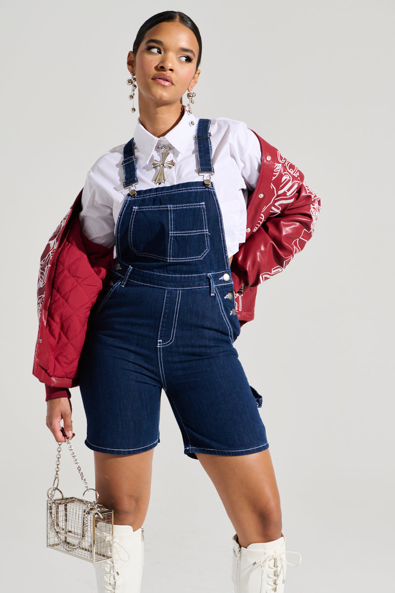 THROWING IT DOWN DENIM SHORT OVERALL