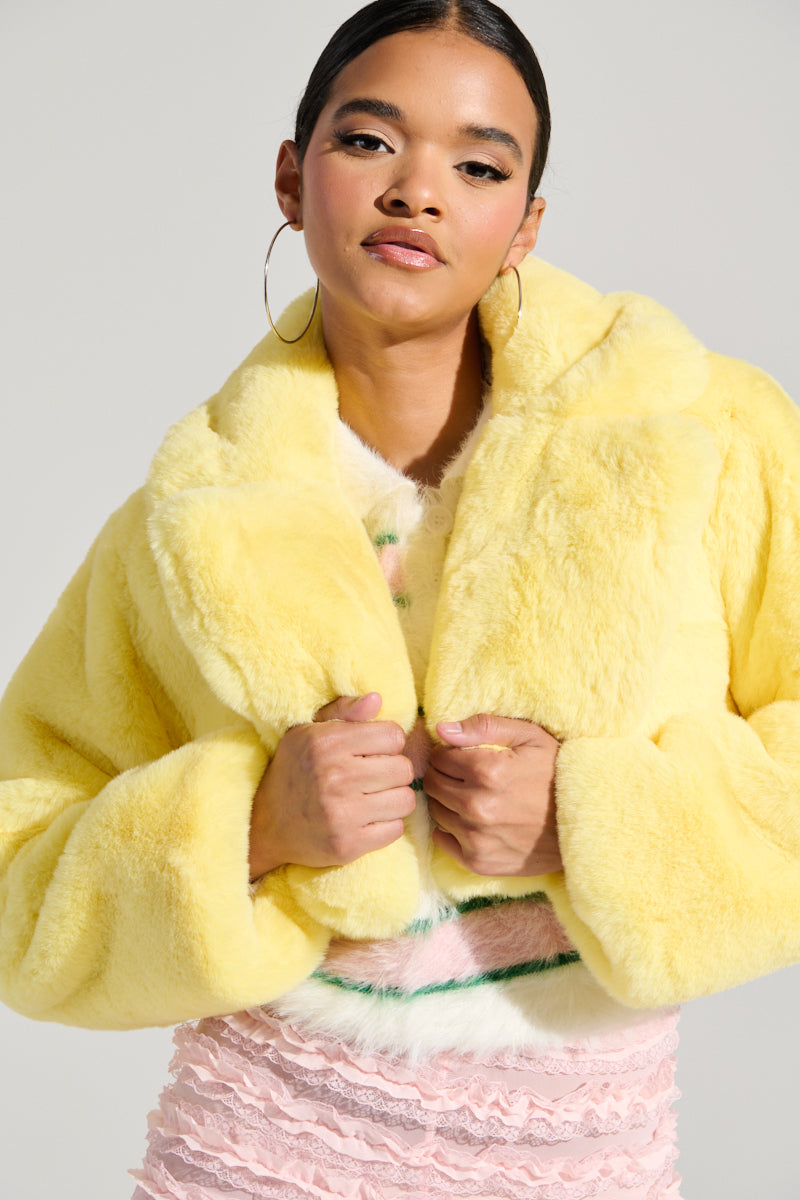 POPPY CROPPED FUR COAT IN YELLOW