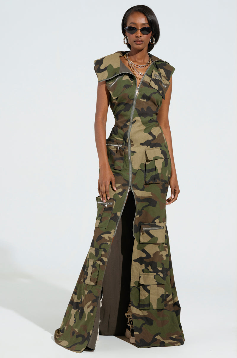 NOW YOU SEE ME CAMO PRINT MAXI DRESS