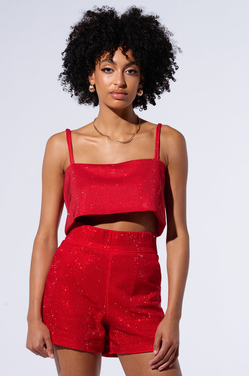 POP STAR HOT FIX RHINESTONE CROP TOP IN RED