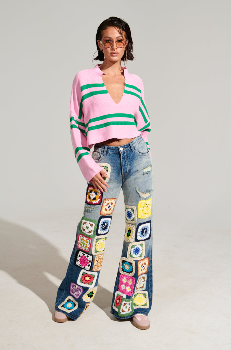 PEACE & LOVE CROCHET EMBROIDERED MID RISE DENIM