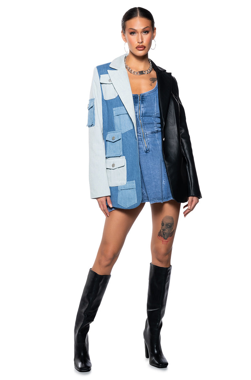 DO WHAT YOU DO HALF DENIM HALF PU BLAZER