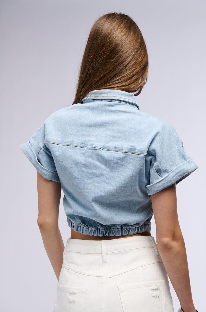 NOT IN THE MOOD CROPPED DENIM SHIRT