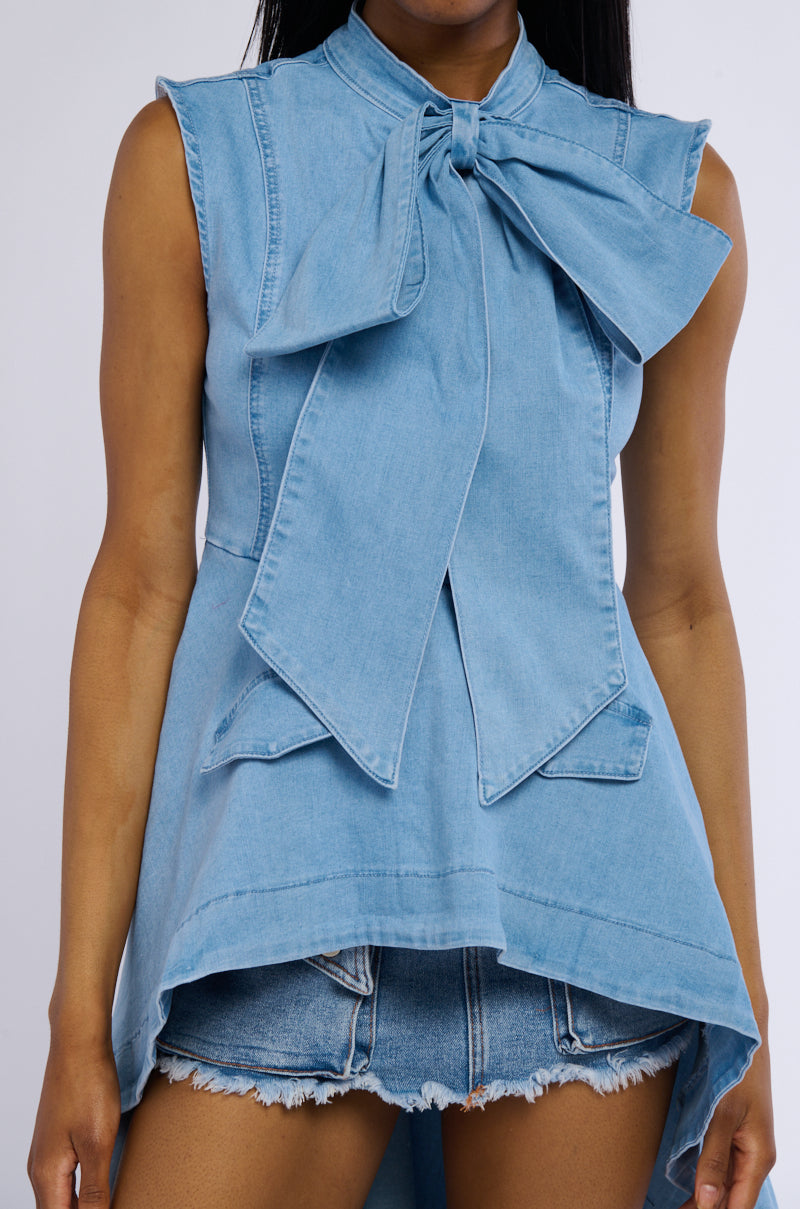 DREAMING OF YOU BOW DETAIL DENIM HIGH LOW BLOUSE