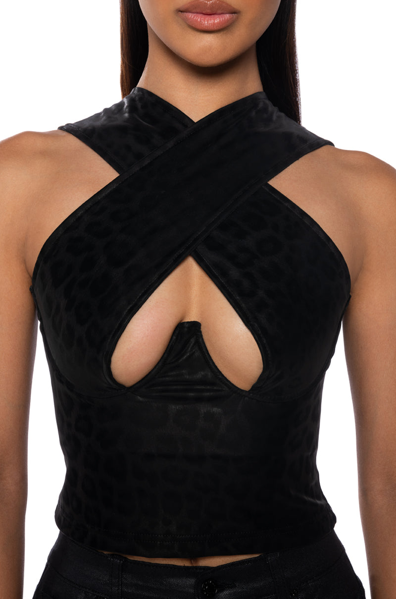 LET YOU KNOW FAUX LEATHER HALTER TOP