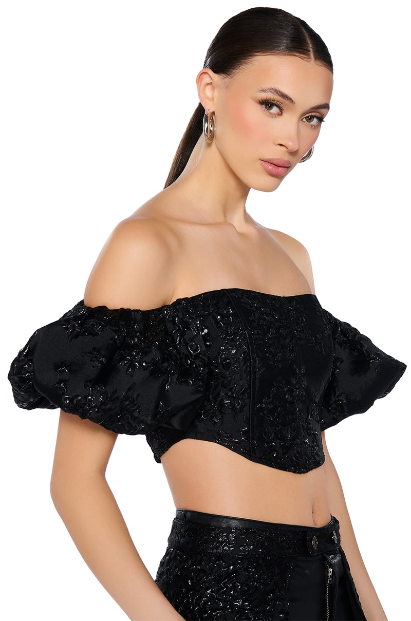 BEATRIX BROCADE OFF SHOULDER PUFF SLEEVE CORSET