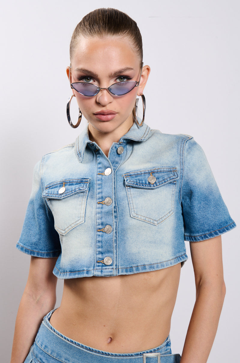 WISH U THE BEST CROP DENIM BLOUSE