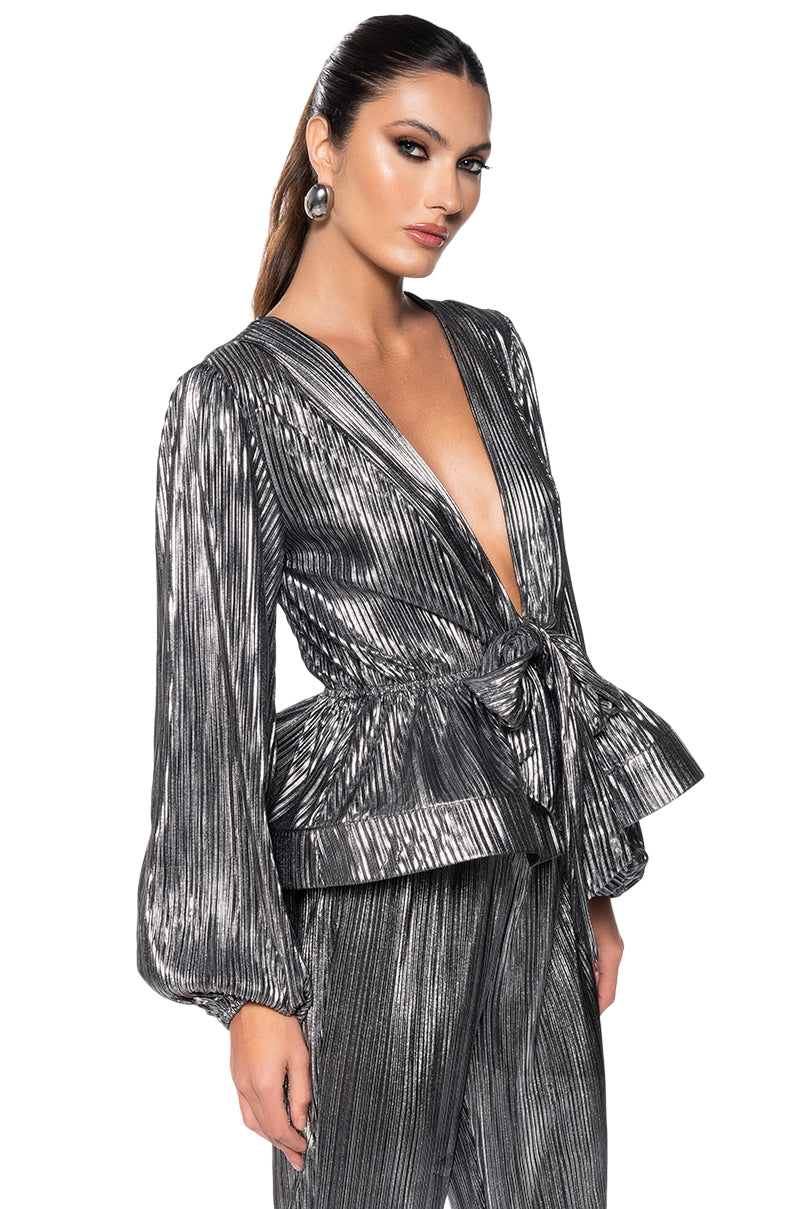 NOEL TIE PLEATED TIE FRONT METALLIC BLOUSE