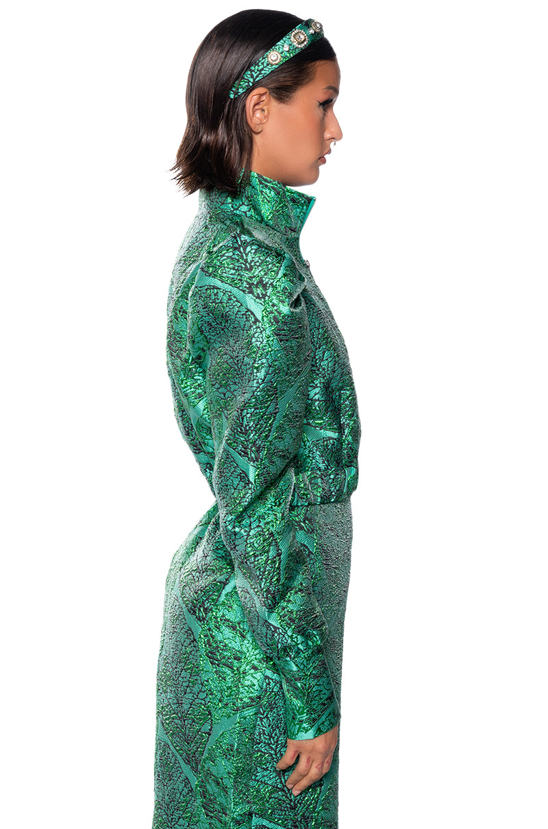 GREEN BROCADE PUFF SHOULDER BOMBER JACKET