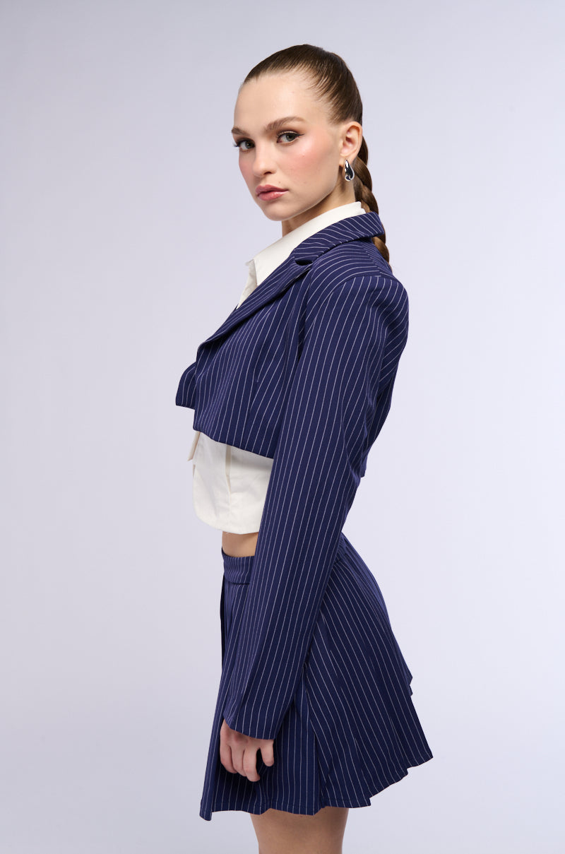 WHATS THE TEA PINSTRIPE CROP BLAZER IN NAVY