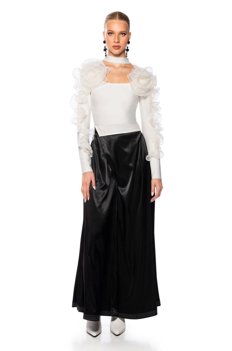 RISKY BUSINESS WRAP AROUND WIDE LEG SATIN PANT